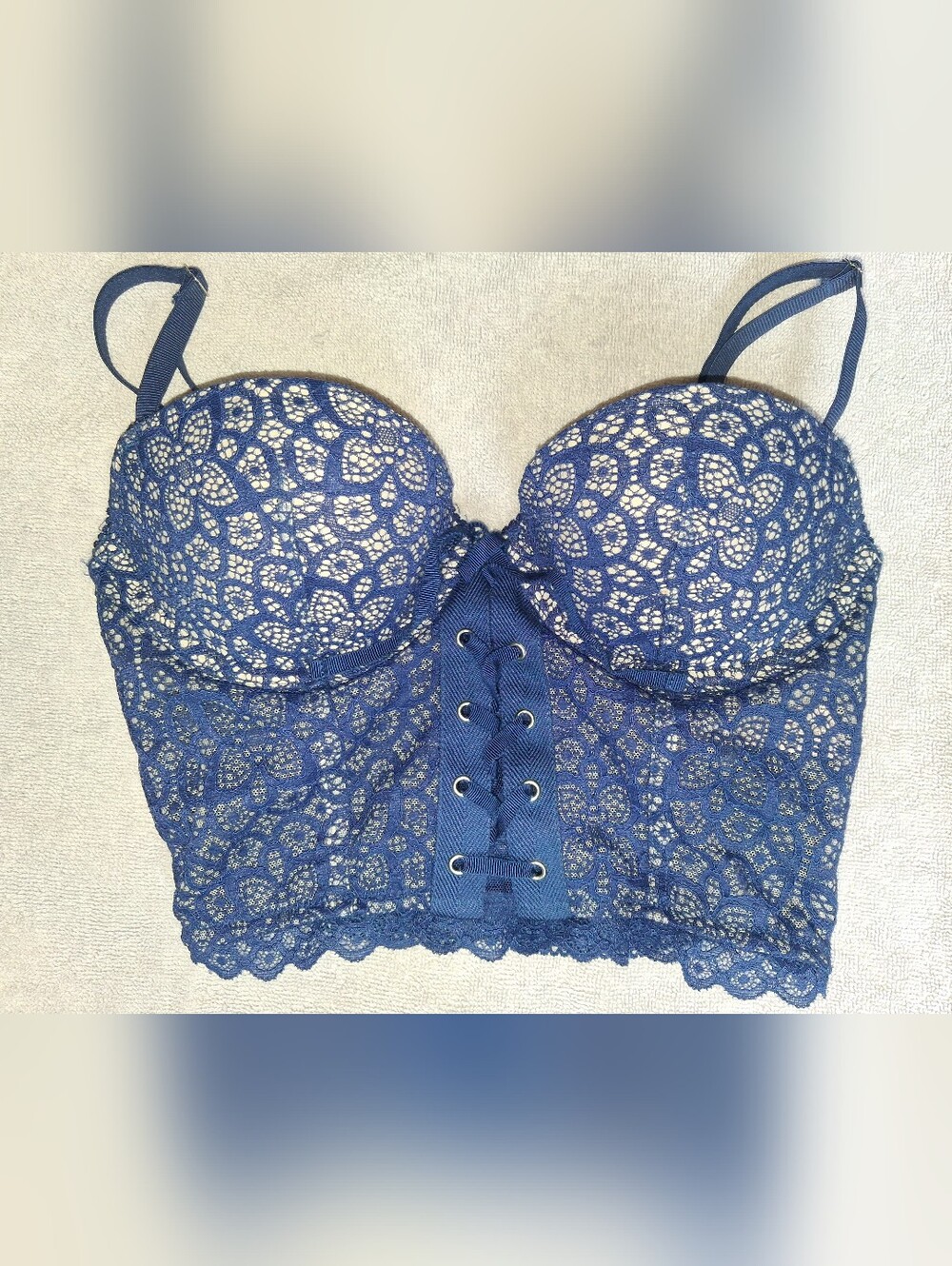 Victoria's Secret Midnight Blue Lace Longline Bustier Corset Bra Top. Size 34B